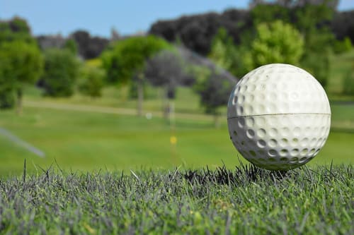 White golf ball on grass at Les Gites de Campardon in Monties, France with green course background