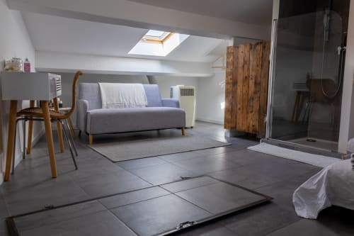 Mas Lafleur attic room in Châteaurenard with modern gray sofa, skylight, shower enclosure, and wood wardrobe