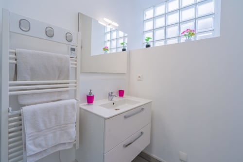 Salle de bain moderne avec meuble vasque blanc, sèche-serviettes chauffant et grandes fenêtres avec plantes à l'appartement Room In Toulouse