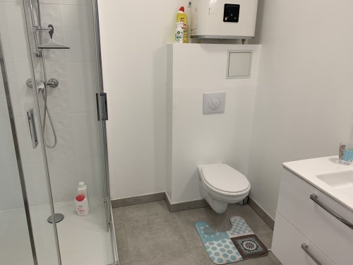 Salle de bain moderne dans un appartement toulousain avec douche, toilettes, lavabo et carrelage gris