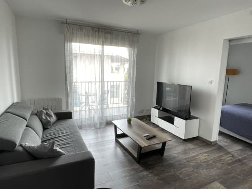 Salon d'appartement moderne avec canapé gris, meuble TV et accès au balcon à Toulouse