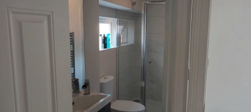 Modern ensuite bathroom at Eglinton Road Bray hotel with shower, toilet, and vanity sink