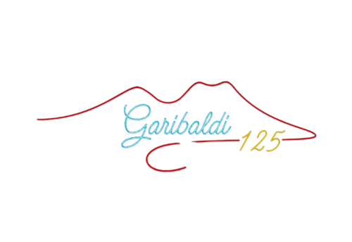 Garibaldi 125 logo with stylized red fish outline and blue script text, Naples boutique B&B branding