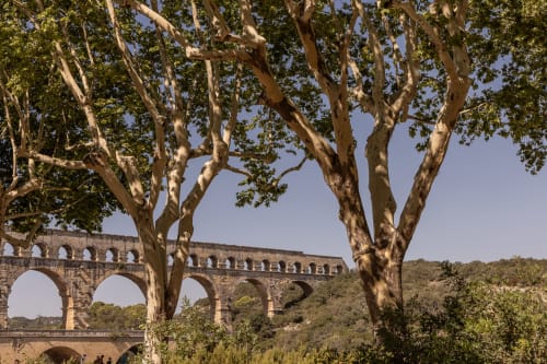 Ancient Roman aqueduct Pont du Gard framed by plane trees, Montfrin France