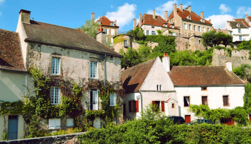 Les cottages en pierre historique de La Maison George à Flavigny-sur-Ozerain, France, aux murs recouverts de lierre