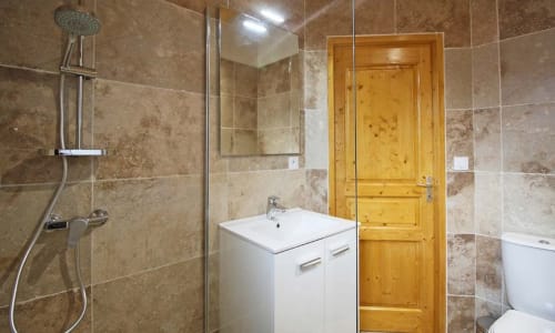 Salle de bain, pierre, bois, Chalet