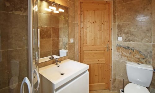 Salle de bain, pierre, bois, Chalet