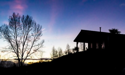 Pyrénées, hôtel, chalets, bois, nature, lac, verdure, couché de soleil