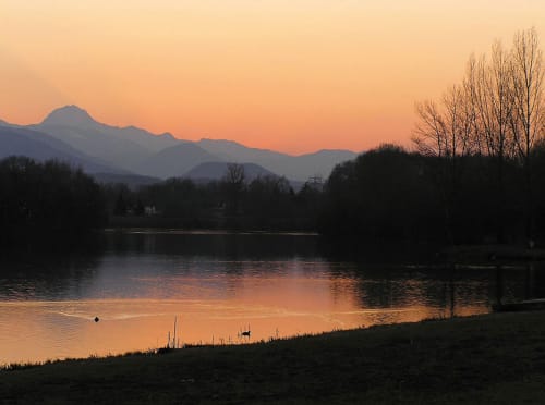 Lac, Pyrénées, Pic du midi, couché de soleil, canards, lac de montréjeau