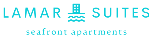 Lamar Suites Seafront Apartments logo in cyan blue with building and wave icons, Misano Adriatico