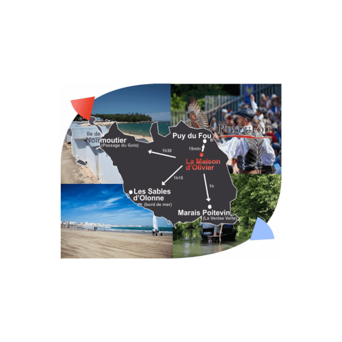 Carte de la région Vendée localisant La Maison d'Olivier avec attractions à proximité et durées de trajet