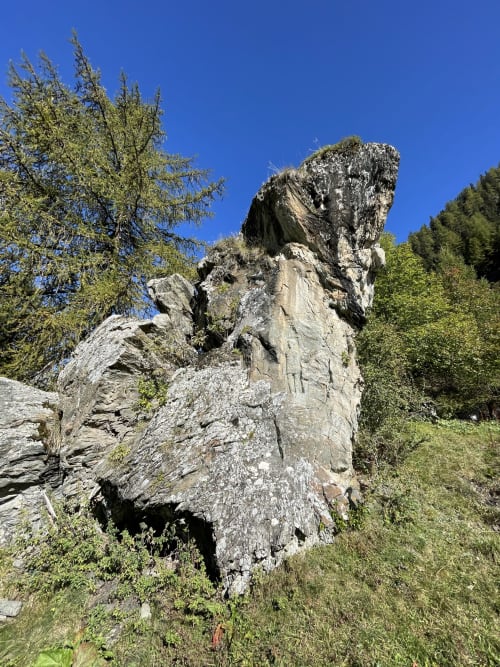 Spectaculaire pic rocheux entouré de forêt alpine près du Chalet Du Sarrasin à Tignes, France