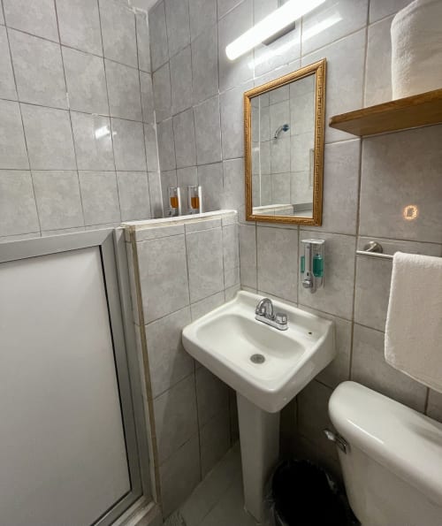 Baño moderno en BajaReal Hotel Boutique, La Paz con paredes de azulejos grises, lavamanos pedestal, inodoro, cabina de ducha y