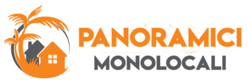 Logo Panoramici Monolocali con icona di palma e casa, affitti vacanziali Leuca