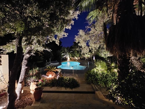 Piscine illuminée du jardin nocturne de la Villa Sigahi à La Croix Valmer, entourée d'arbres éclairés et de plantes tropicales
