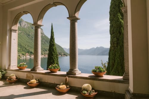Elegante colonnato ad arco a Varenna by Foot con vista sul Lago di Como, Italia, con cactus in vaso e cipressi