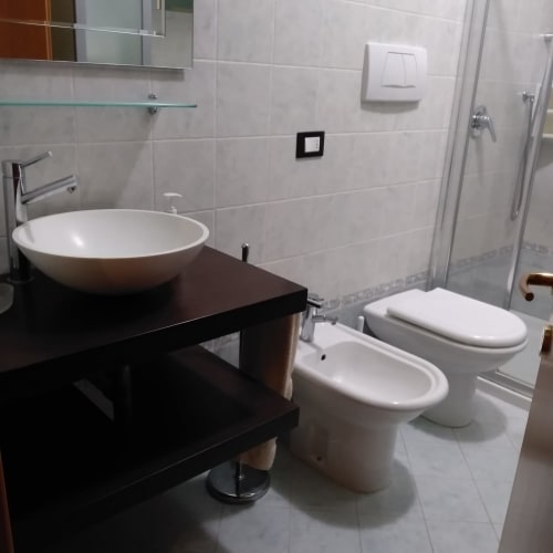 Modern bathroom with round vessel sink, toilet, bidet, and walk-in shower at Casa Meravigliosa apartment, Fontanafredda