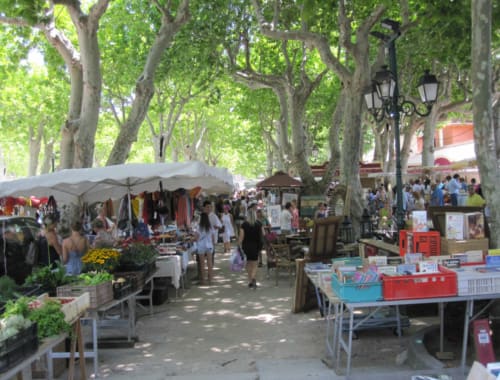 Outdoor market square with trees, vendor stalls, and tourists in La Croix Valmer