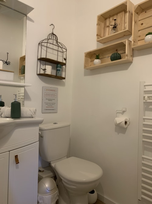 Coin WC privé et meuble vasque de la chambre Le Marais à La Chabanaise avec sèche-serviettes et décoration naturelle en bois.