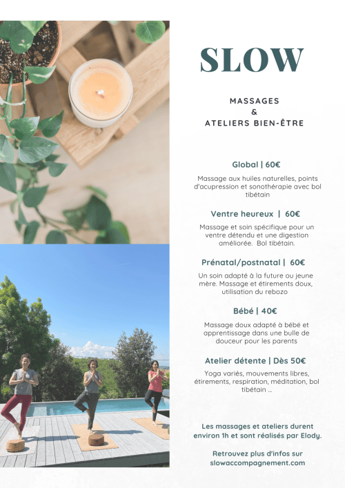 SLOW wellness massages and workshops at Maison Monsieur Léger, Montaut. Yoga by pool, natural oil massage, prenatal care. 60€