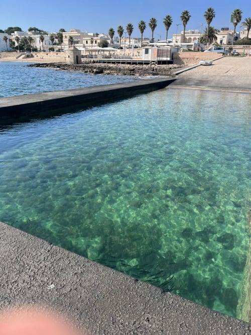 Acque turchesi cristalline della spiaggia di Leuca con edifici costieri circondati da palme e lido sabbioso