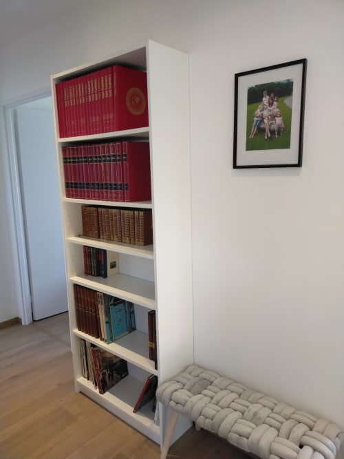 Bibliothèque blanche moderne avec collections de livres rouges et pouf crème à la villa Gîte des Gônes à Feyzin
