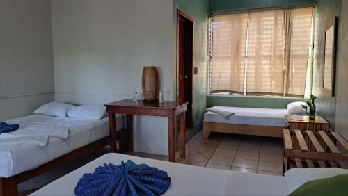 Dos camas individuales en habitación de hostal en Cayuco Maya, Bacalar con vista al jardín, muebles de madera y amplias ventanas