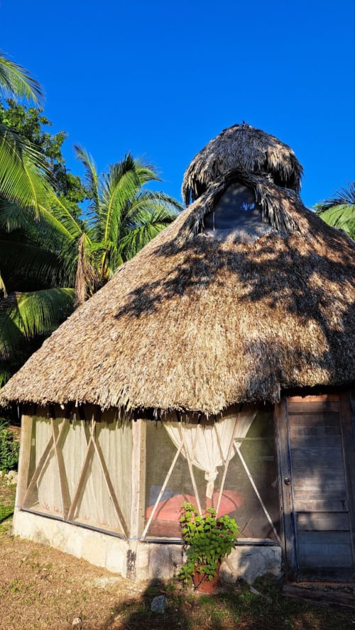 Bungaló con techo de paja y palmeras en el hostal Cayuco Maya de Bacalar, México