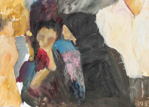 Peinture abstraite de deux figures aux tons chauds et froids à la Villa République Normandie, Caen