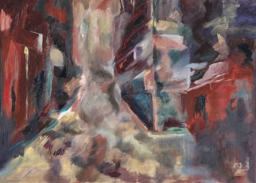 Tons abstraits rouge et crème dépeignant la Villa République Normandie à Caen, France – vue intérieure artistique de ce gîte français