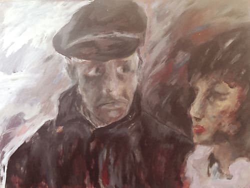 Peinture vintage représentant deux figures en tenues d'époque à la Villa République Normandie, Caen