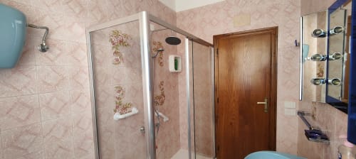Modern bathroom with pink tiled walls, glass shower enclosure, wooden door, and vanity mirror at Villa Italia apartment