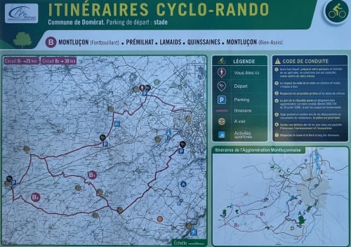Carte cyclo-rando de Domérat avec itinéraires vélo B1 et B2 au départ du parking du stade près du Gîte du Miroir