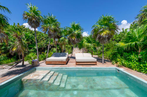 Lujosa piscina con tumbonas de madera rodeada de palmeras tropicales en la villa Kaab Kaan House, Tulum, México