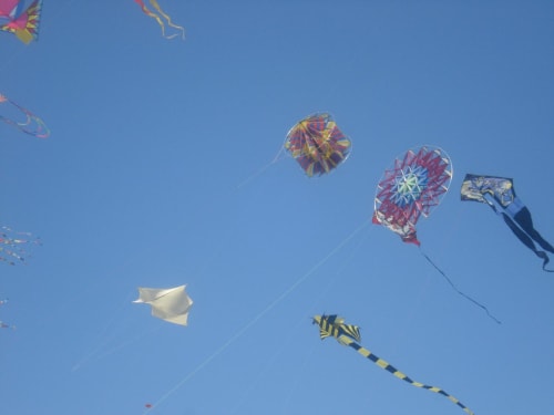Des cerfs-volants colorés volent dans le ciel bleu au-dessus de Marseille, parfait pour les activités en plein air près du gîte La Luna