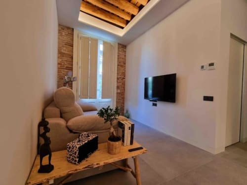Salón del apartamento turístico en Blanes, Costa Brava, con un sofá beige junto a una ventana con contraventanas blancas y pared de ladrillo visto. La estancia está decorada con una mesa de madera rústica, una planta en maceta y una figura decorativa. En la pared opuesta hay un televisor de pantalla plana.