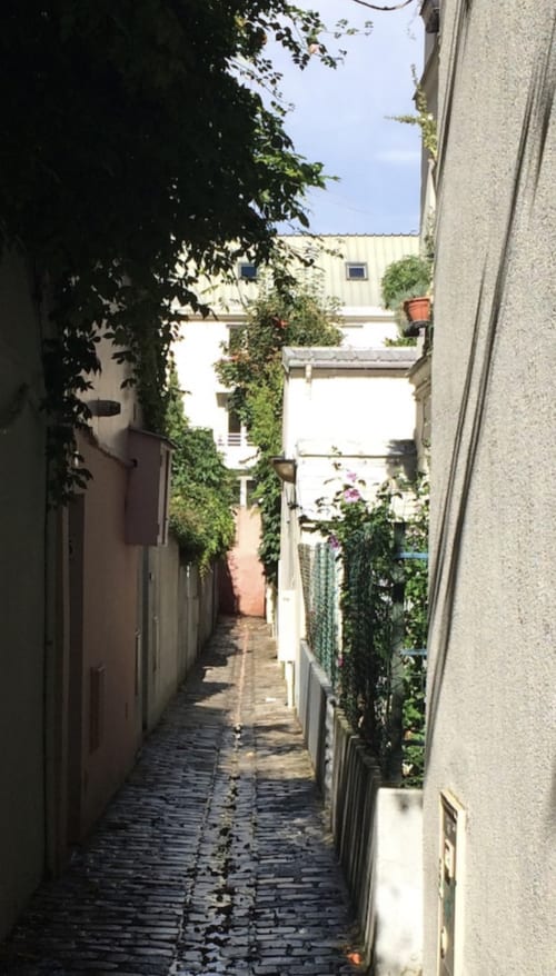 Charmante ruelle étroite aux murs couverts de lierre menant à la cour-jardin de la Maison 1850 Paris Porte Montmartre
