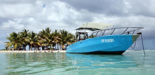 Bateau de pêche bleu mouillé dans les eaux turquoise près de l'île aux palmiers de Kaz A Bibi, Sainte-Rose, Guadeloupe