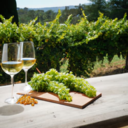 A wine tasting experience with glasses of red and white wine against a backdrop of vineyards