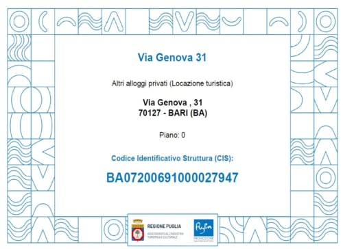 Certificato affitto vacanziale Via Genova 31 Bari con codice CIS BA07200691000027947