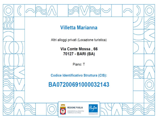 Villetta Marianna, affitto villa a Bari, Italia - Dettagli proprietà con indirizzo e codice CIS su cornice decorativa blu