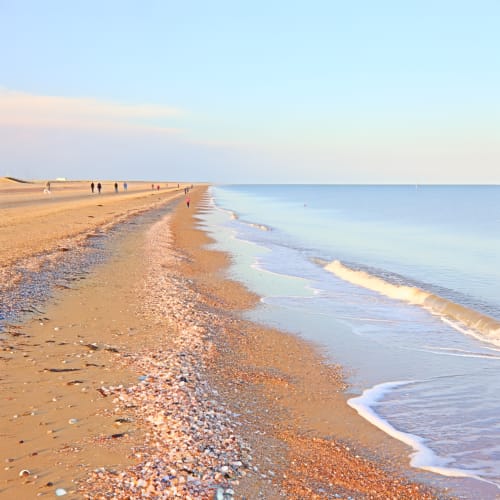 A picture of Gorleston Beach with golden sands and clear blue water.
