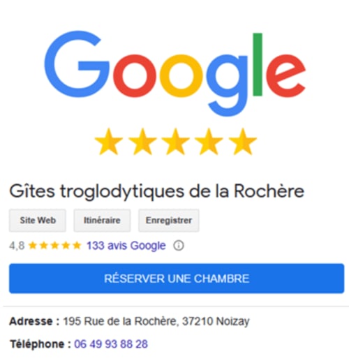 Profil Google Business pour Gîtes troglodytiques de la Rochère, hébergement 5 étoiles à Noizay