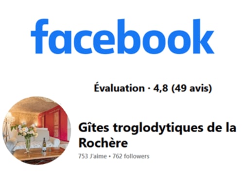 Page Facebook des Gîtes troglodytiques de la Rochère affichant une note de 4,8
