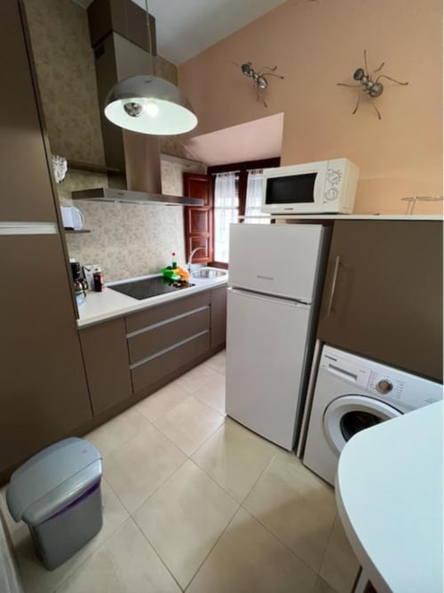 Cocina moderna con electrodomésticos blancos, estufa, microondas y lavadora en apartamento de Almagro