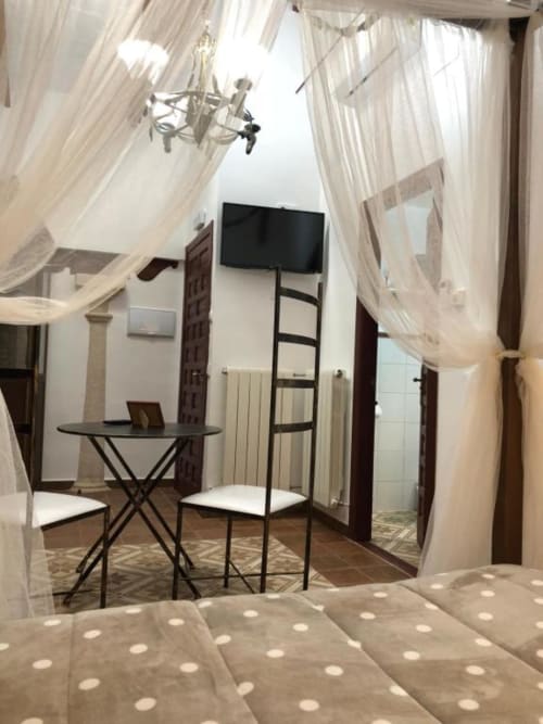 Elegant bedroom at Complejo Turístico Retiro del Teatro with polka dot bedding, sheer canopy curtains, desk, and flat-screen