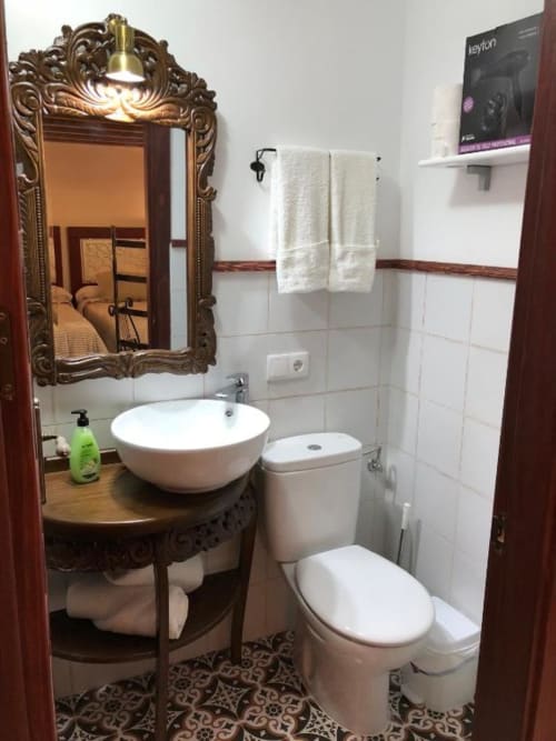 Elegant bathroom at Complejo Turístico Retiro del Teatro with ornate mirror, round white sink, toilet, and towel rack in