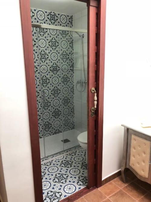 Modern shower enclosure with decorative blue and white patterned tilework in Room 7 at Complejo Turístico Retiro del Teatro