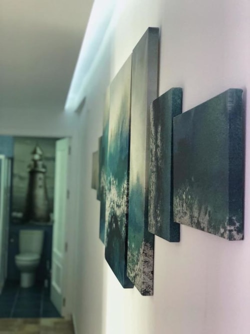 Modern canvas art with green and grey tones on white wall, Deluxe Apartment A at Retiro del Teatro, Almagro