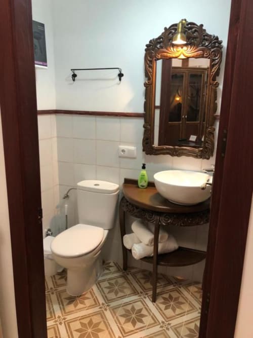 Elegant bathroom at Complejo Turístico Retiro del Teatro with ornate mirror, round sink, toilet, and decorative tile flooring